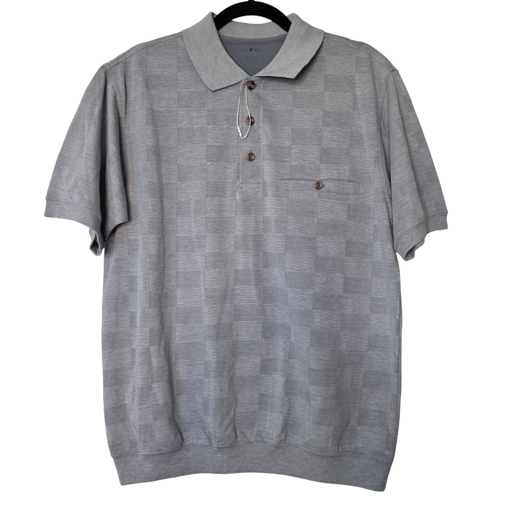 David Taylor Polo Shirt Mens M Gray Checkered Short Sleeve Knit Ribbed Hem PKT